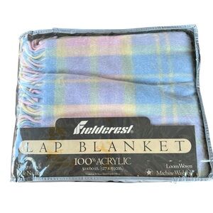 VTG Fuzzy Pastel Plaid Fieldcrest Soft Lap Blanket Fringed Ends 50x60 NEW USA